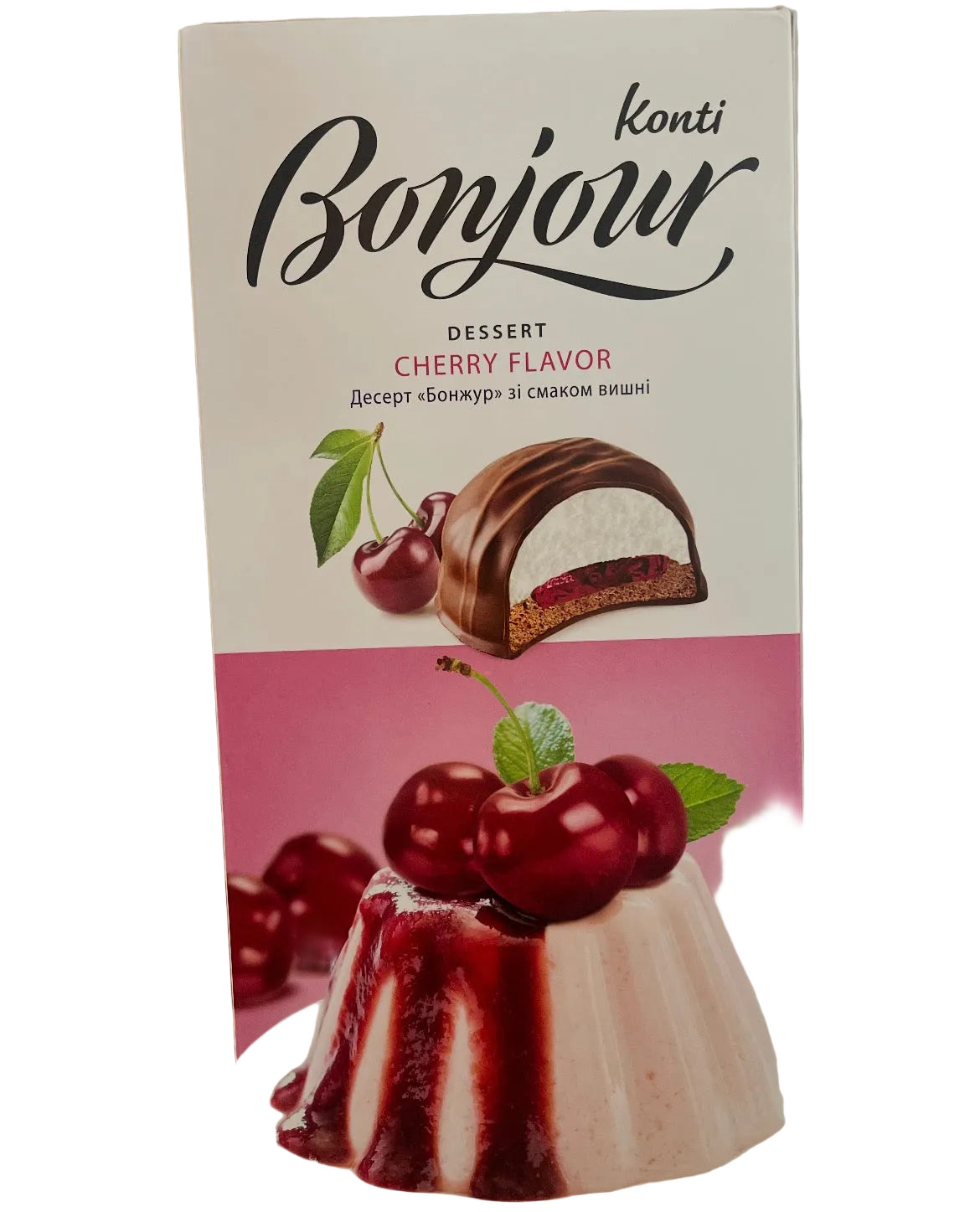 A box of Konti Bonjour Cherry Flavor dessert, featuring a white and pink package design with an illustration of a chocolate-covered cherry dessert and a real cherry-topped cream dessert pictured on the front.