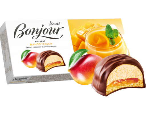 KONTI Bonjour Mango Flavor dessert packaging with a close-up of a dessert piece.