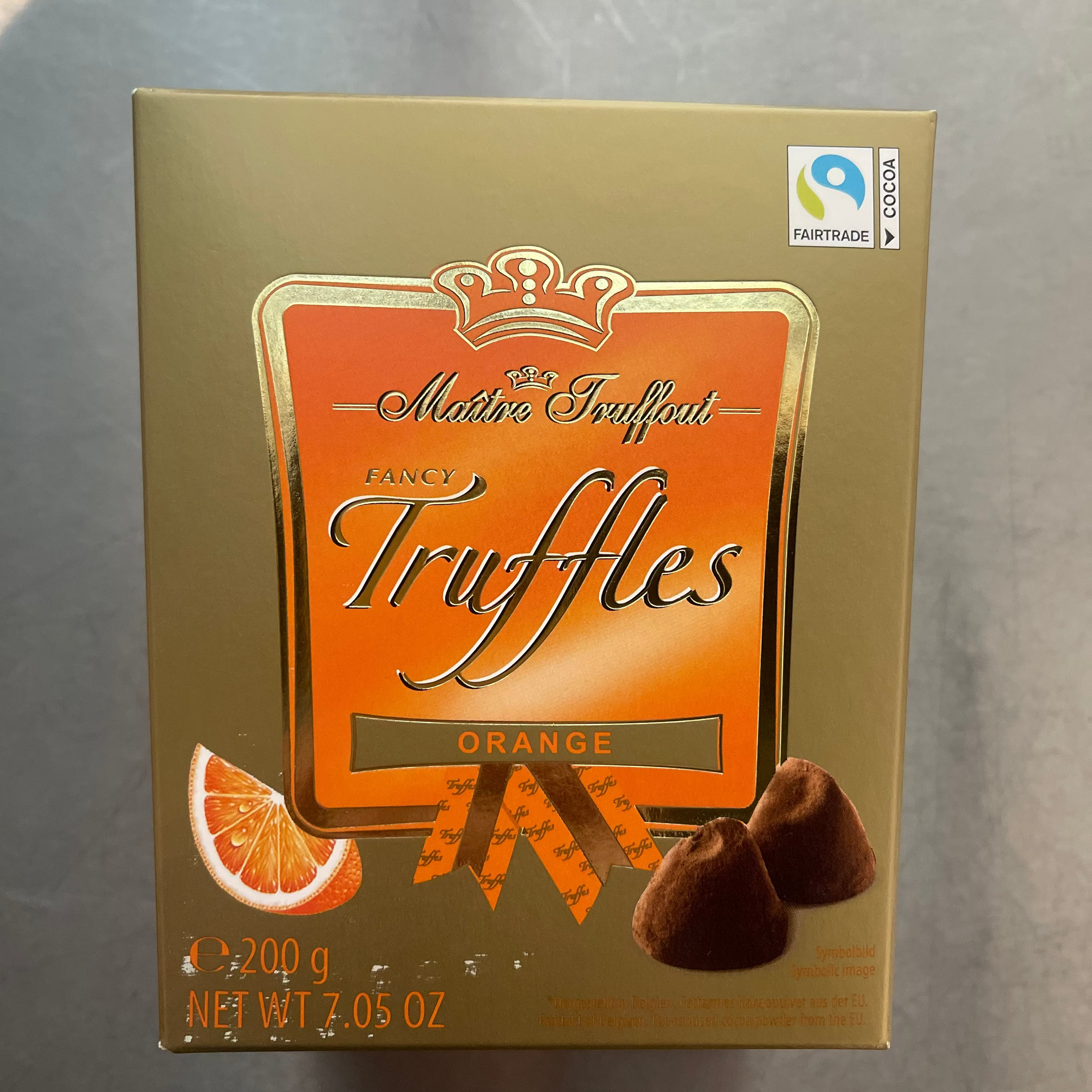 BOXED CANDIES FANCY TRUFFLES, ORANGE, MAITRE TROFFOUT,200G