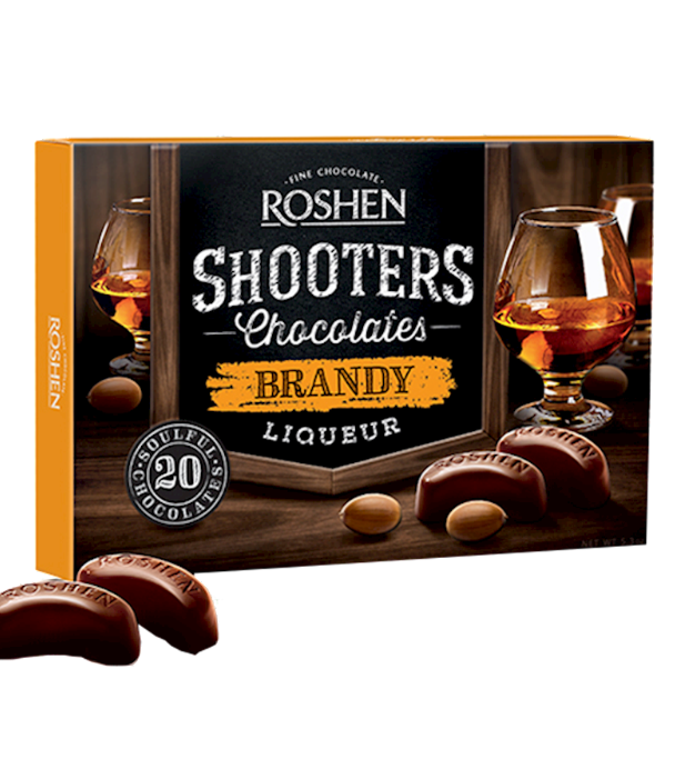 Box of Roshen Shooters Chocolates Brandy Liqueur with brand name and product details.