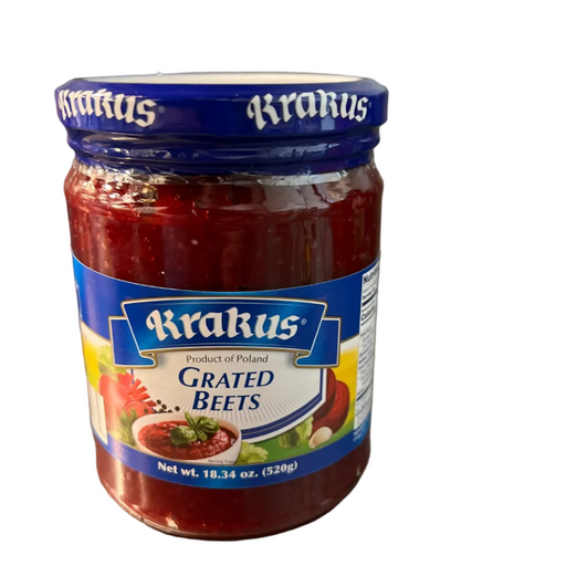Jar of Krakus Grated Beets on a metallic surface