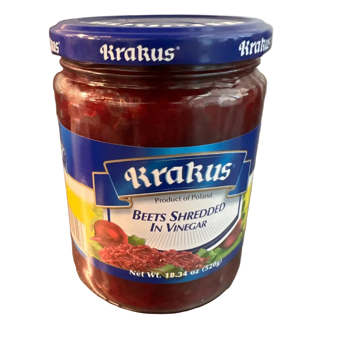 A glass jar of Krakus Beets Shredded in Vinegar with a blue lid and blue label, placed on a stainless steel surface.