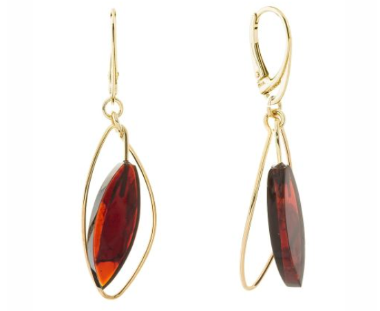 Beautiful gold and 925 silver hanging earrings in the shape of flat spindles with cherry Baltic amber