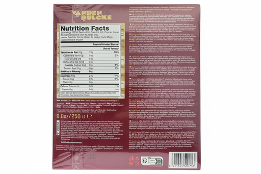 Luxury Belgium Chocolate with Hazelnut Praline filling box back with ingredients information 