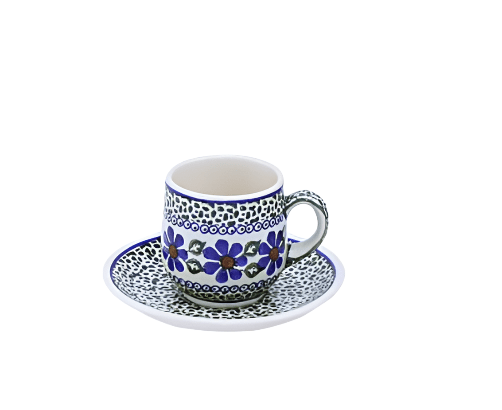 POLISH POTTERY, BOLESLAWIEC, FILIZANKA MALA,SMALL CUP+SAUCER,FL102,GREEN DECORATION