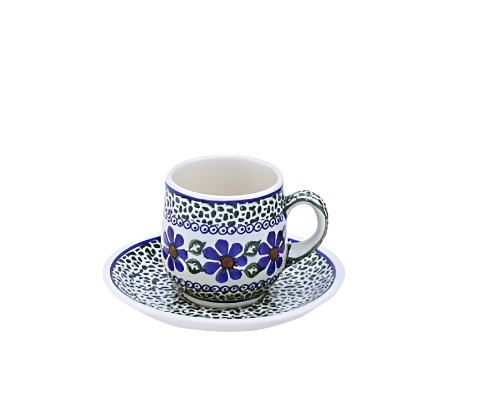 POLISH POTTERY, BOLESLAWIEC, FILIZANKA MALA,SMALL CUP+SAUCER,FL102,GREEN DECORATION
