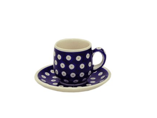 Bolesławiec,POLISH POTTERY,FILIZANKA MALA,SMALL CUP+SAUCER,FL102,NAVY BLUE DECORATION,GRANATOWA
