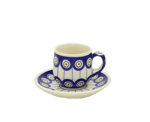 Bolesławiec,POLISH POTTERY,FILIZANKA MALA,SMALL CUP+SAUCER,FL102,PAWIE OKO,PEACOCK EYE