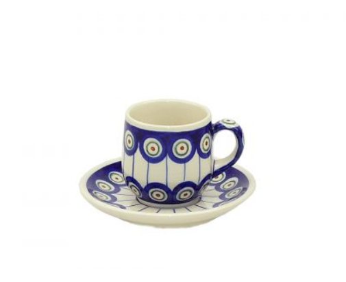 Bolesławiec,POLISH POTTERY,FILIZANKA MALA,SMALL CUP+SAUCER,FL102,PAWIE OKO,PEACOCK EYE