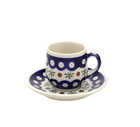 Bolesławiec pottery,FILIZANKA MALA,SMALL CUP+SAUCER,FL102,NAVY PLUS DECORATION,GRANATOWA PLUS