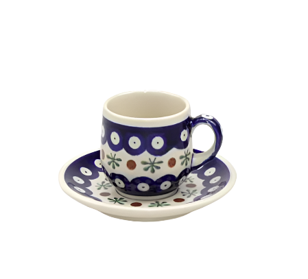 Bolesławiec pottery,FILIZANKA MALA,SMALL CUP+SAUCER,FL102,NAVY PLUS DECORATION,GRANATOWA PLUS