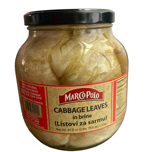 Jar of Marco Polo cabbage leaves on a metallic surface