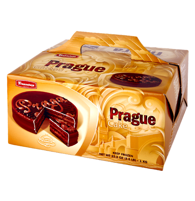 Box of Prague Cake with branding and product image on a white background