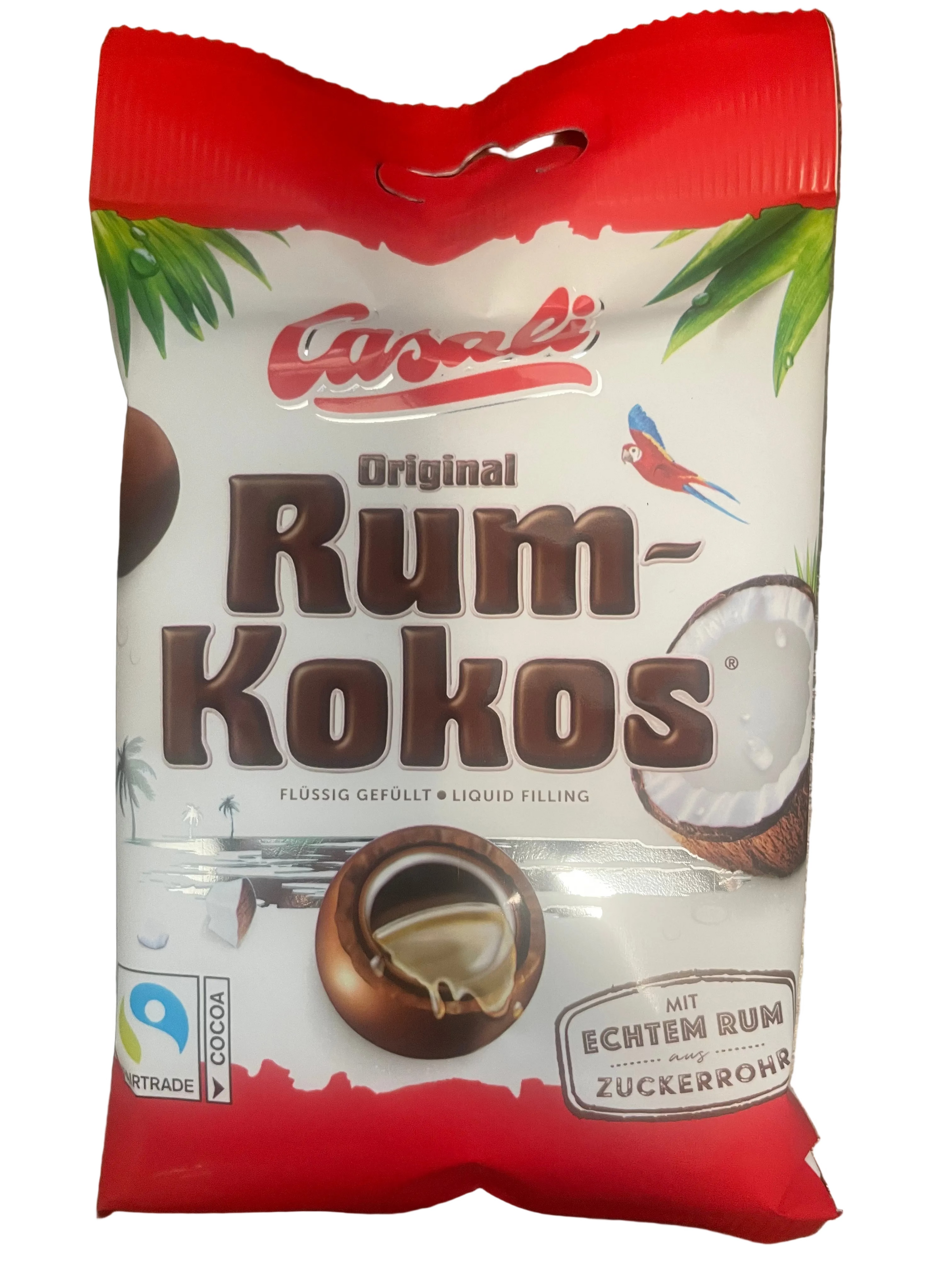 Packaging of Rum-Kokos with red top and white body on a wooden surface