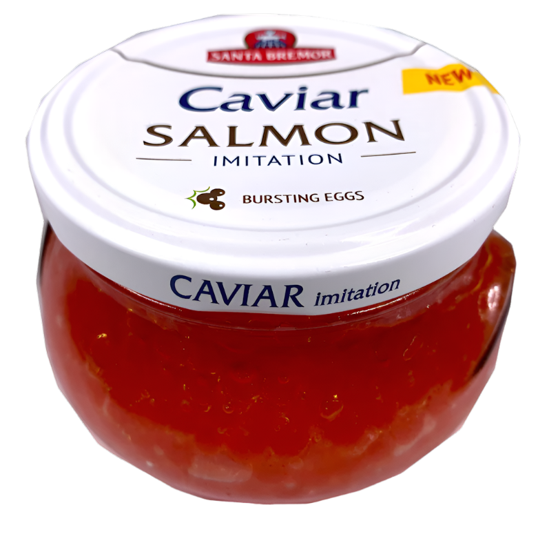 A jar of Santa Bremor salmon caviar imitation, with the label clearly showing the product name and the bursting eggs feature.
