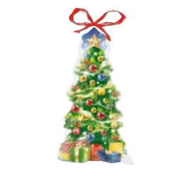 Decorative Christmas tree with presents and a star on top, resembling a greeting card.