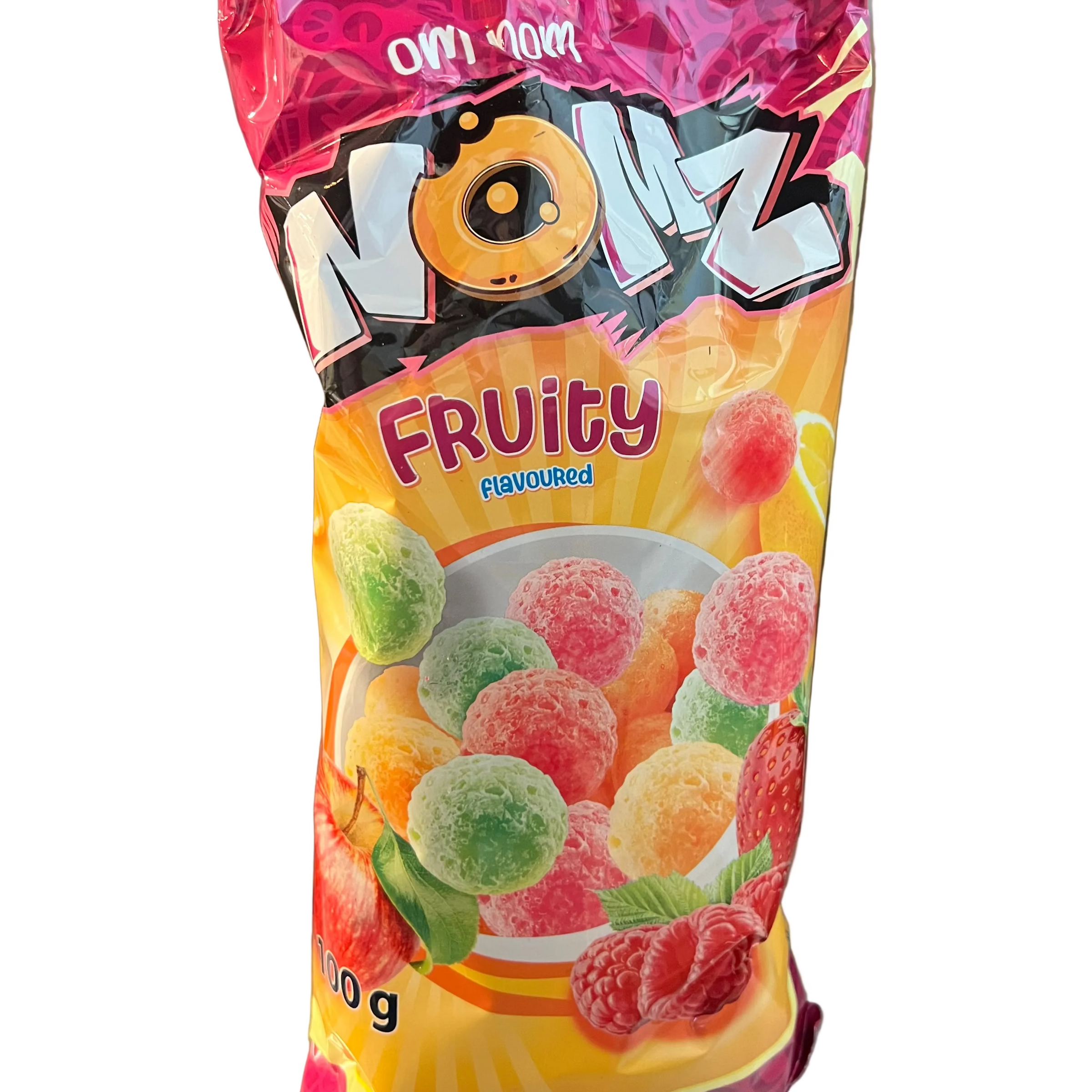Packaged fruit gummies with colorful label on a metallic surface