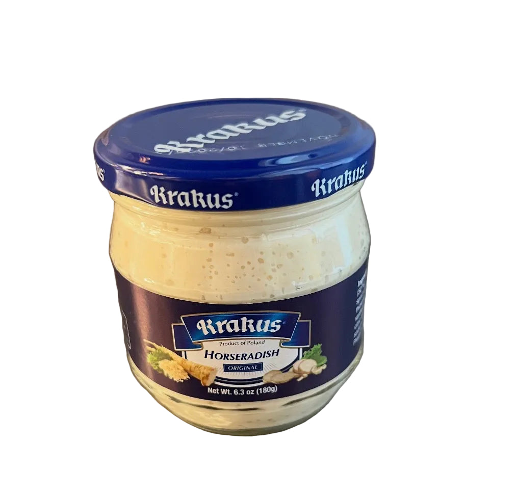 Jar of Brakus horseradish on a metallic surface