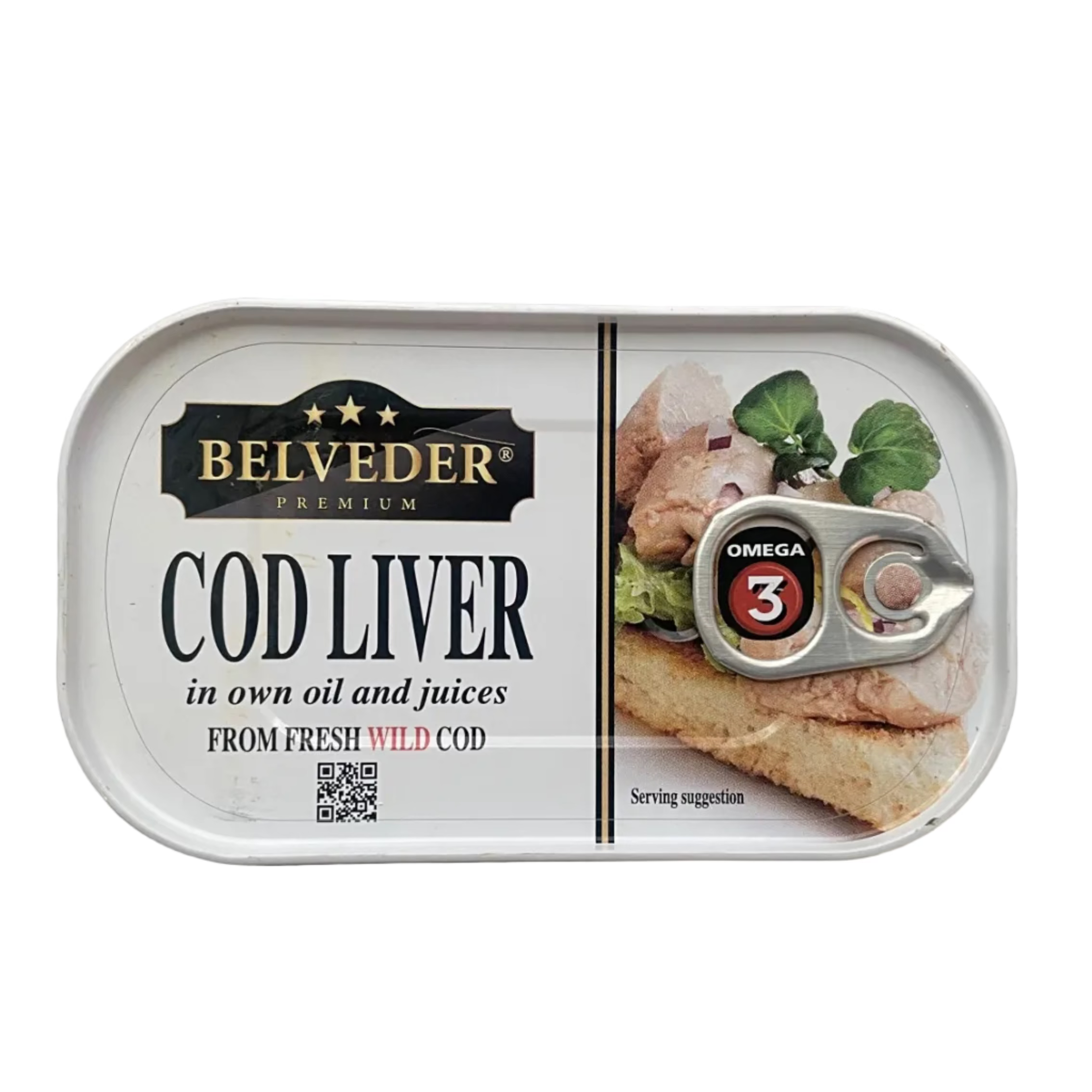 Can of Belvedere Cod Liver on a metallic surface