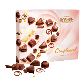 Box of Roshen chocolates with a decorative design on a white background