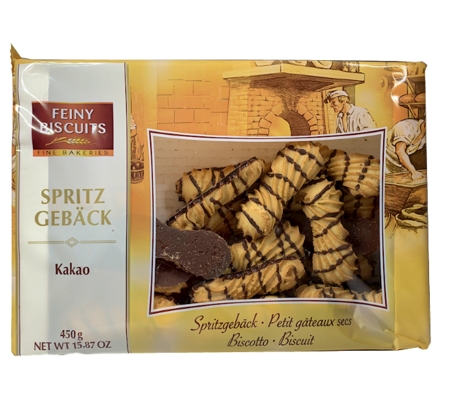Packaging of Feiny Biscuits Spritzgebäck Kakao with a picture of cookies on a white background