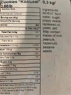 Nutrition label on a package of cookies with visible text.