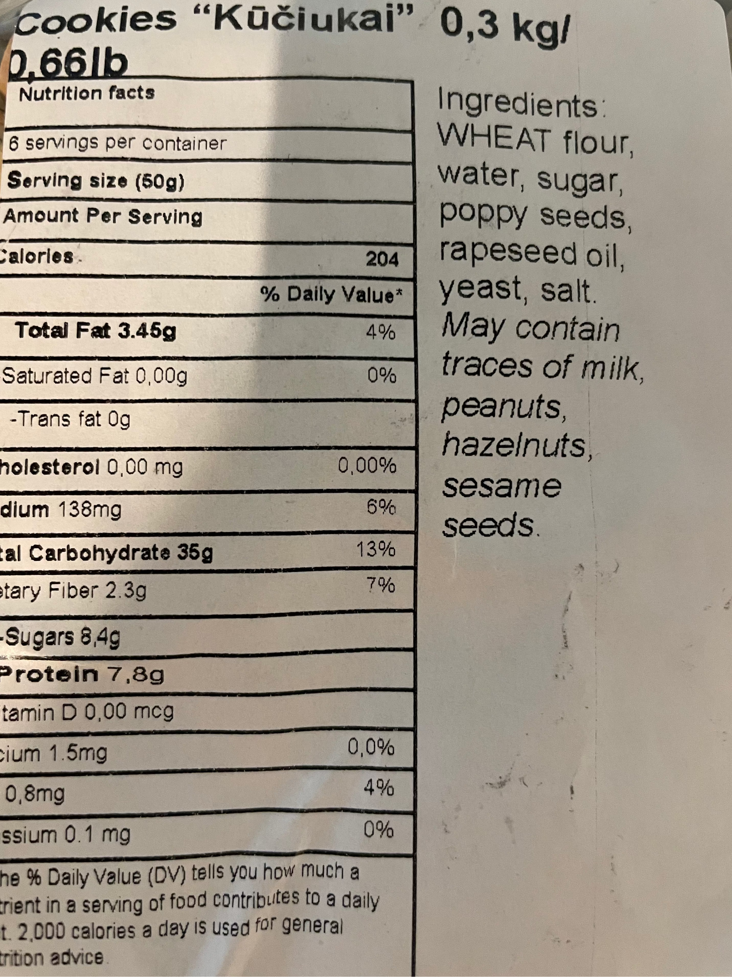 Nutrition label on a package of cookies with visible text.
