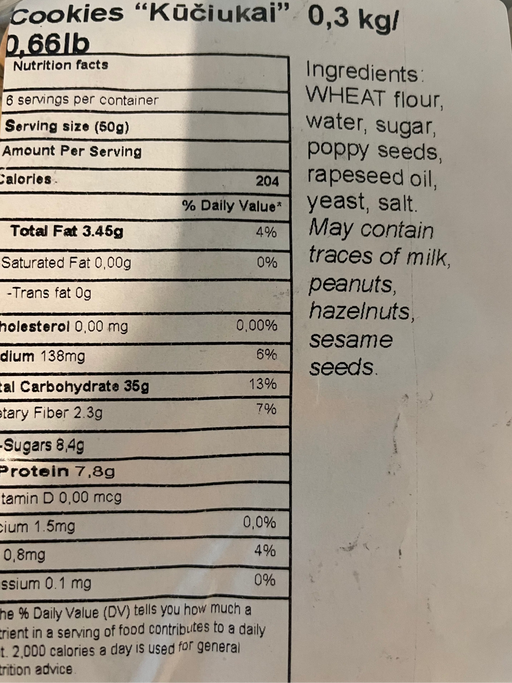 Nutrition label on a package of cookies with visible text.