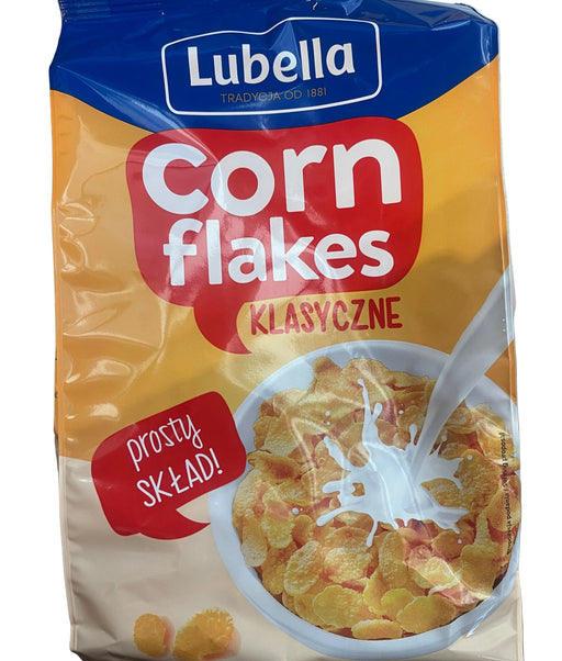 Lubella Corn Flakes packaging on a gray background