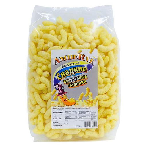 Packaged corn puffs labeled as Amberye Corn Puffs Sweet Amberye 250g.