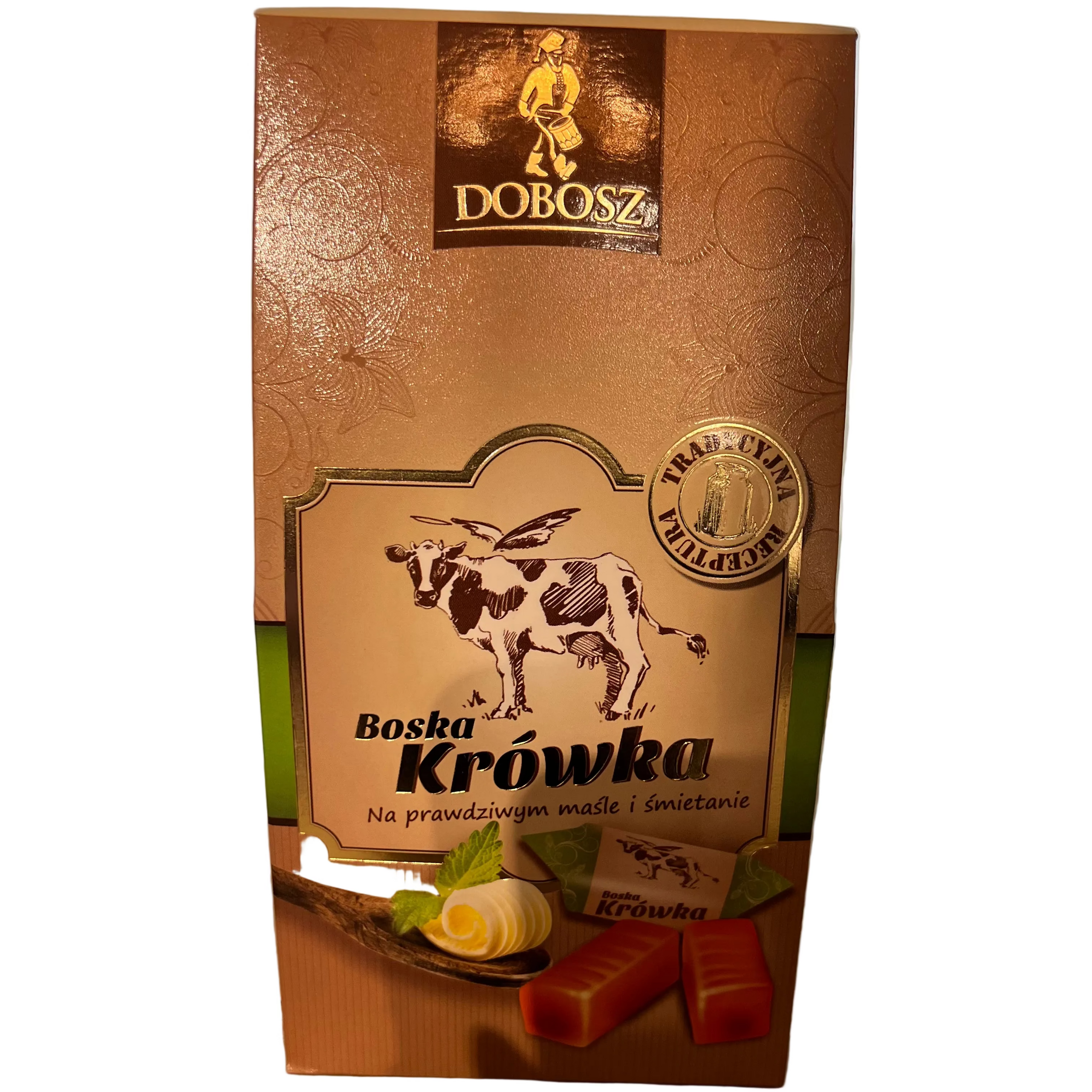 Dobosz Boska Krowka product packaging on a reflective surface