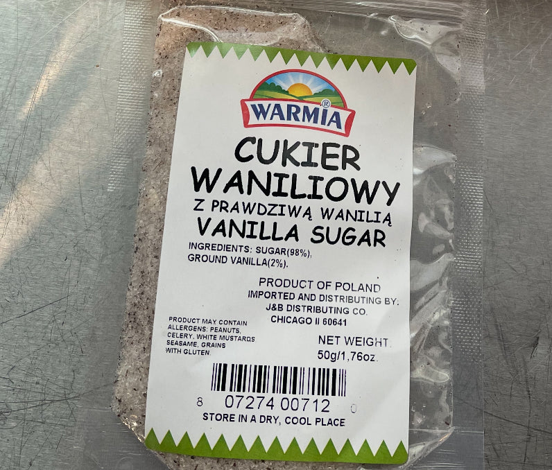 Package of Warma Vanilla Sugar with label on a metallic surface