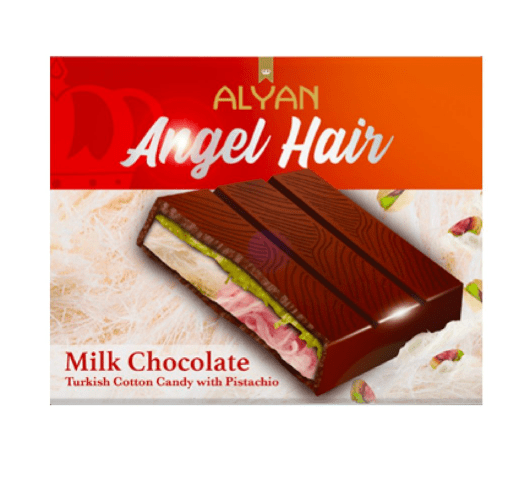 Packaging of Alyan Angel Hair milk chocolate with Turkish cotton candy and pistachio filling.
