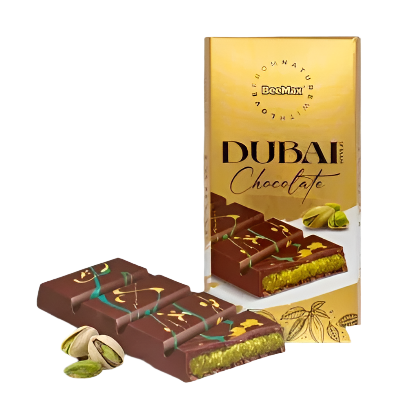 Dubai chocolate bar with packaging on a gray surface