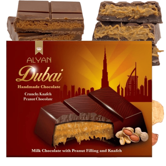 Alyan Dubai chocolate packaging with chocolate bars and peanut pieces on a white background
