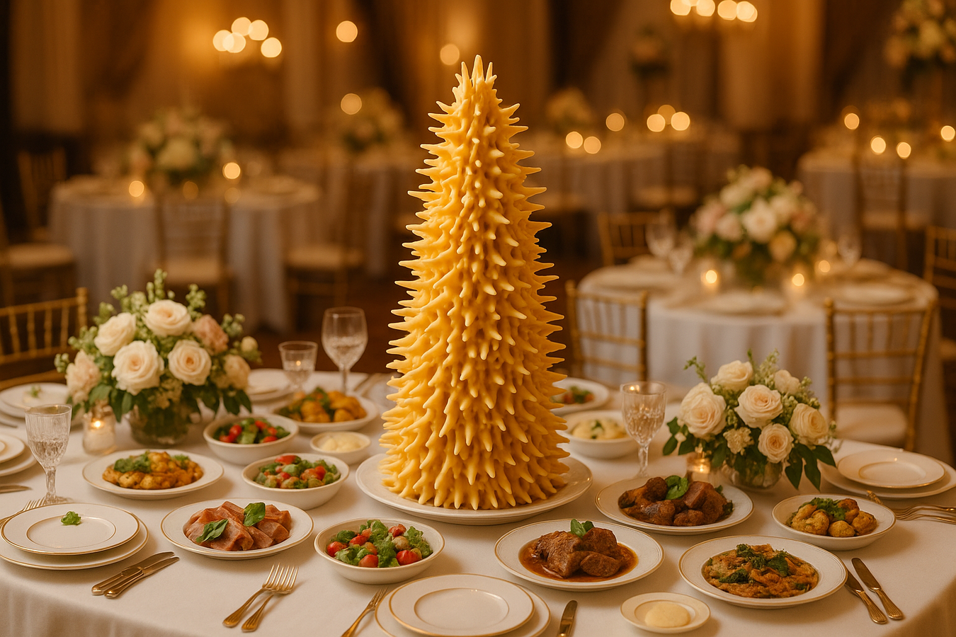 Food Cutering picture with big weding table served with lots of food and lthunian sakotis cake in the center
