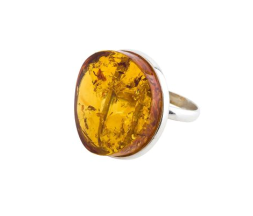 Classic 925 silver ring with cognac Baltic amber 28 mm in the shape of a disc, adjustable