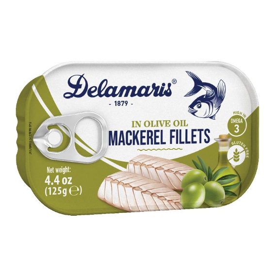 DELAMARIS MACKEREL FILLETS IN EXTRA VIRGIN OLIVE OIL,125G