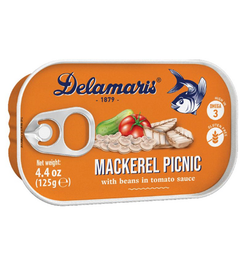 Delamaris mackerel picnic can with images of mackerel, beans, and tomatoes on an orange background.