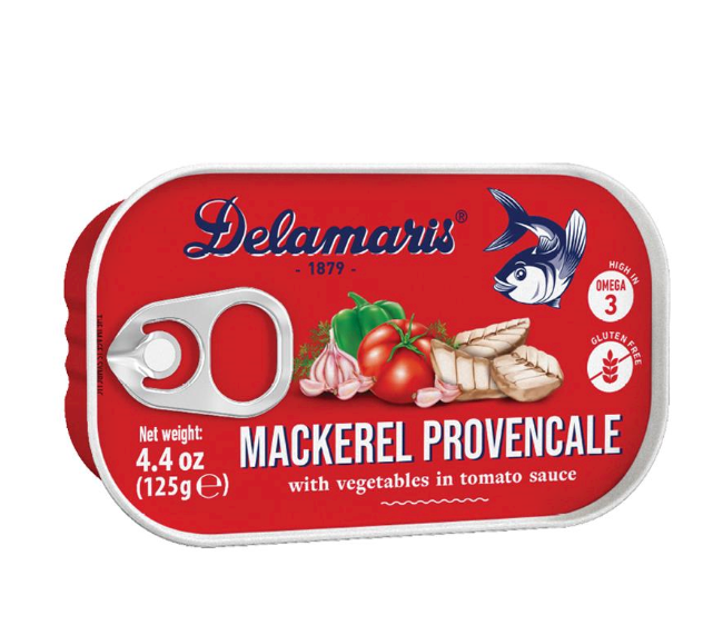 A single can of Delamaris Mackerel Provencale with vegetables in tomato sauce, featuring a bright red label with a pull-tab lid, white text, and product imagery of mackerel, tomatoes, garlic, and vegetables.