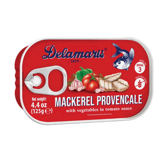 A single can of Delamaris Mackerel Provencale with vegetables in tomato sauce, featuring a bright red label with a pull-tab lid, white text, and product imagery of mackerel, tomatoes, garlic, and vegetables.