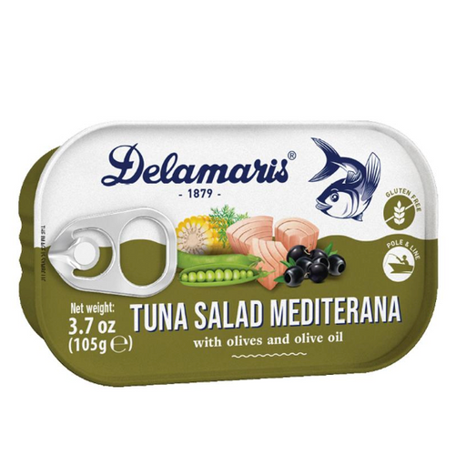 Delamaris tuna salad mediterana can with olive oil on a white background
