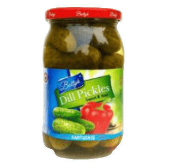Jar of dill pickles with a red lid on a white background
