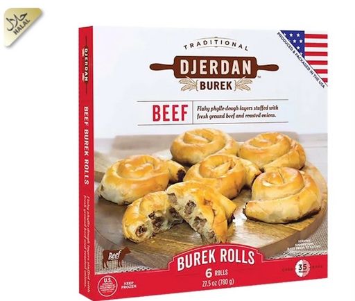 A box of Djerdan Burek Traditional Beef Burek Rolls, featuring a white and red packaging design with a photo of golden-brown baked rolls on a wooden board.