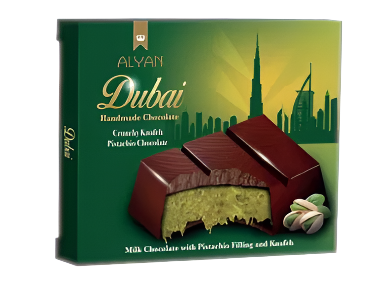 Chocolate packaging with a green background featuring a cityscape and chocolate piece.