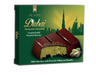 Chocolate packaging with a green background featuring a cityscape and chocolate piece.