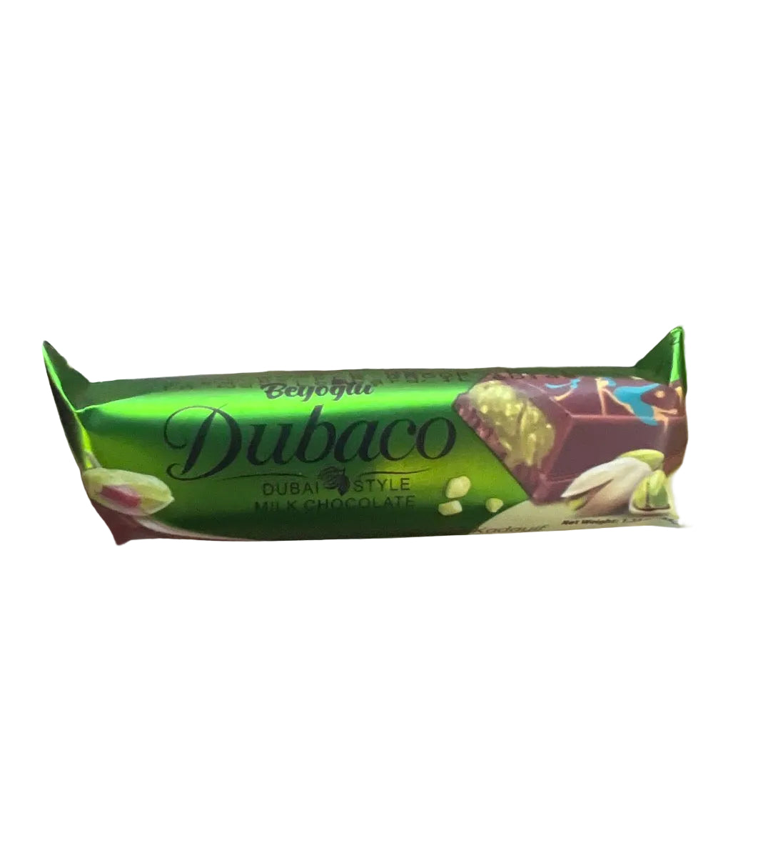 Hand holding a Dubaco chocolate bar with a blurred background
