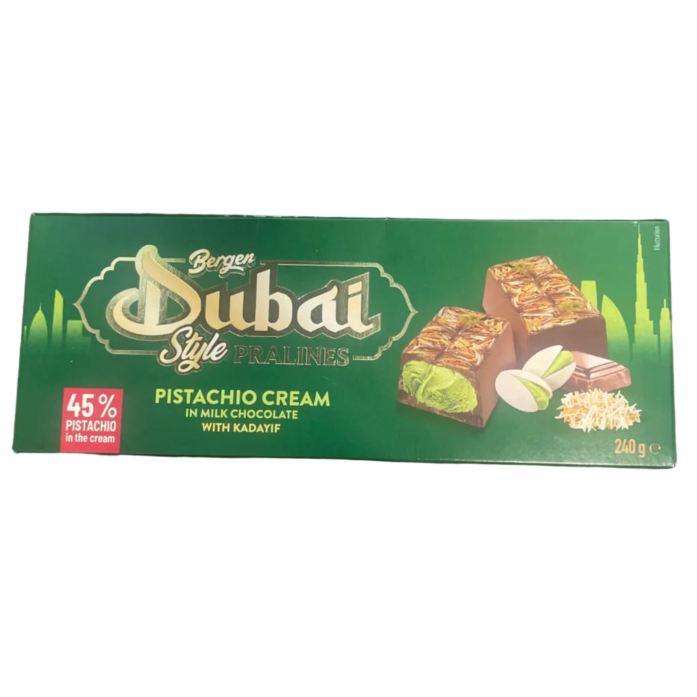 Green box of Dubai pistachio cream on a wooden surface