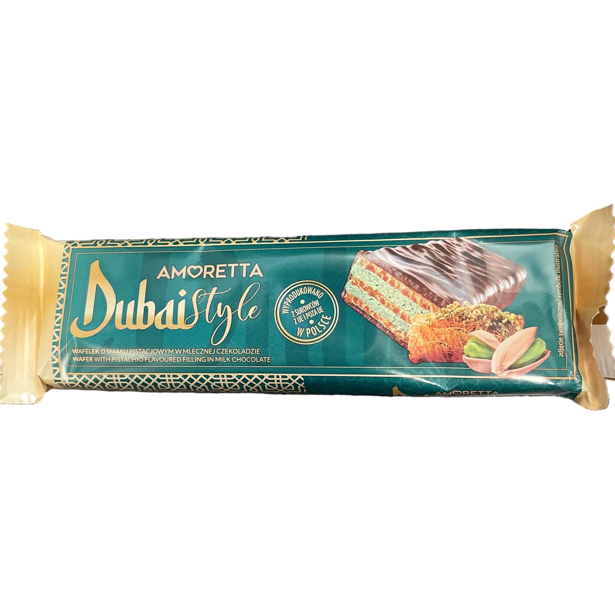 Chocolate bar packaging with 'Dubai Style' branding on a wooden surface