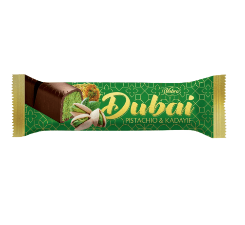 Chocolate bar packaging with 'Dubai Pistachio & Kadayif' text on a green background